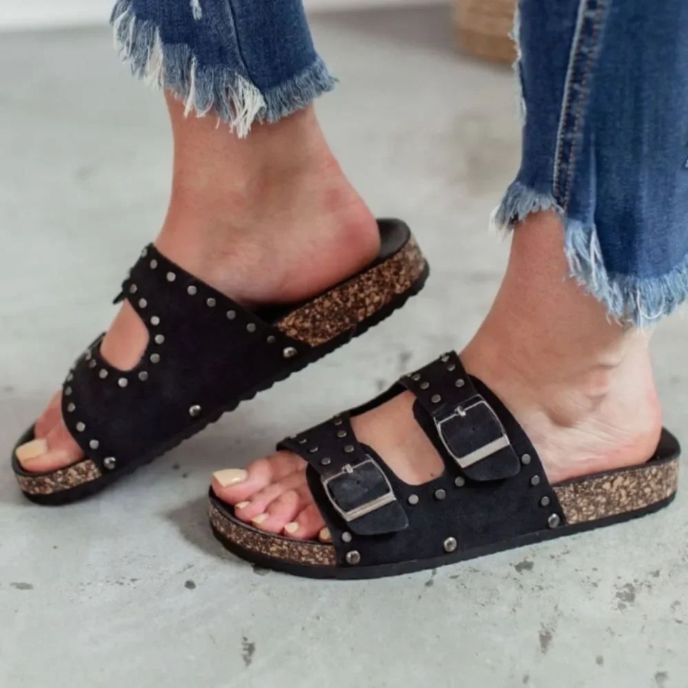 BRAND NEW OLIVIA MILLER DOUBLE STRAP PYRAMID STUDDED DETAILING ROUND TOE SANDAL - Picture 13 of 13